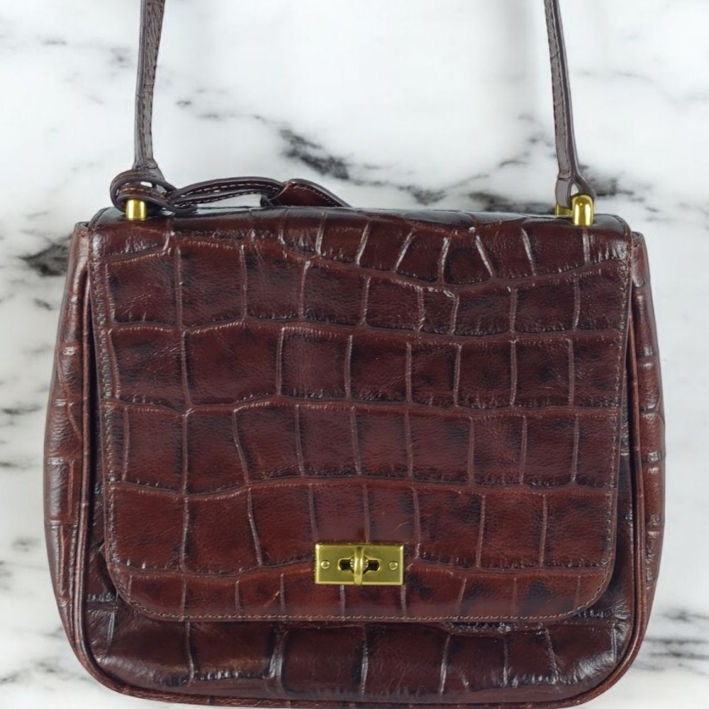 Fossil Brown Leather Turn Lock Croc Embossed Crossbody Bag w/ Key